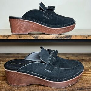 Cole‎ Haan Cloudfeel All day Black suede bow platform wedge clog mule women's 10